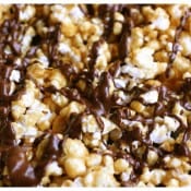 oven-baked caramel corn with chocolate drizzle