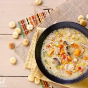 smoked turkey chowder with mushrooms and sweet potatoes