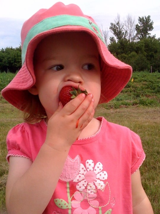 a young girl eating a strawberry