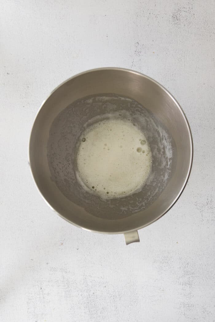 Egg whites in a mixing bowl