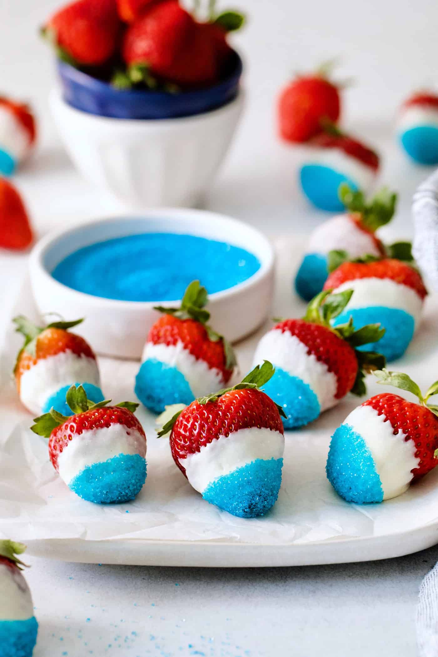 white chocolate strawberries dipped in blue sugar