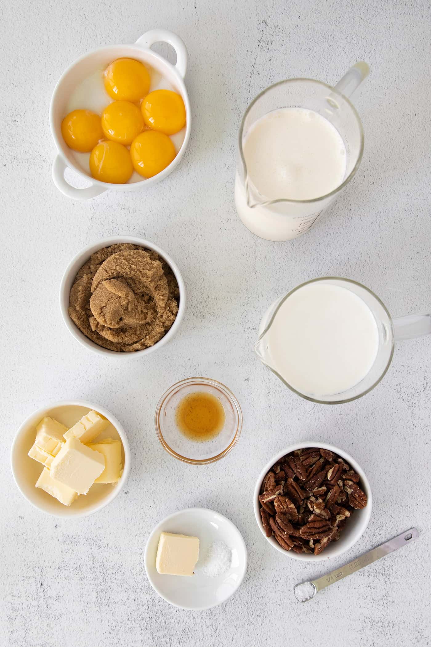 Overhead view of butter pecan ice cream ingredients