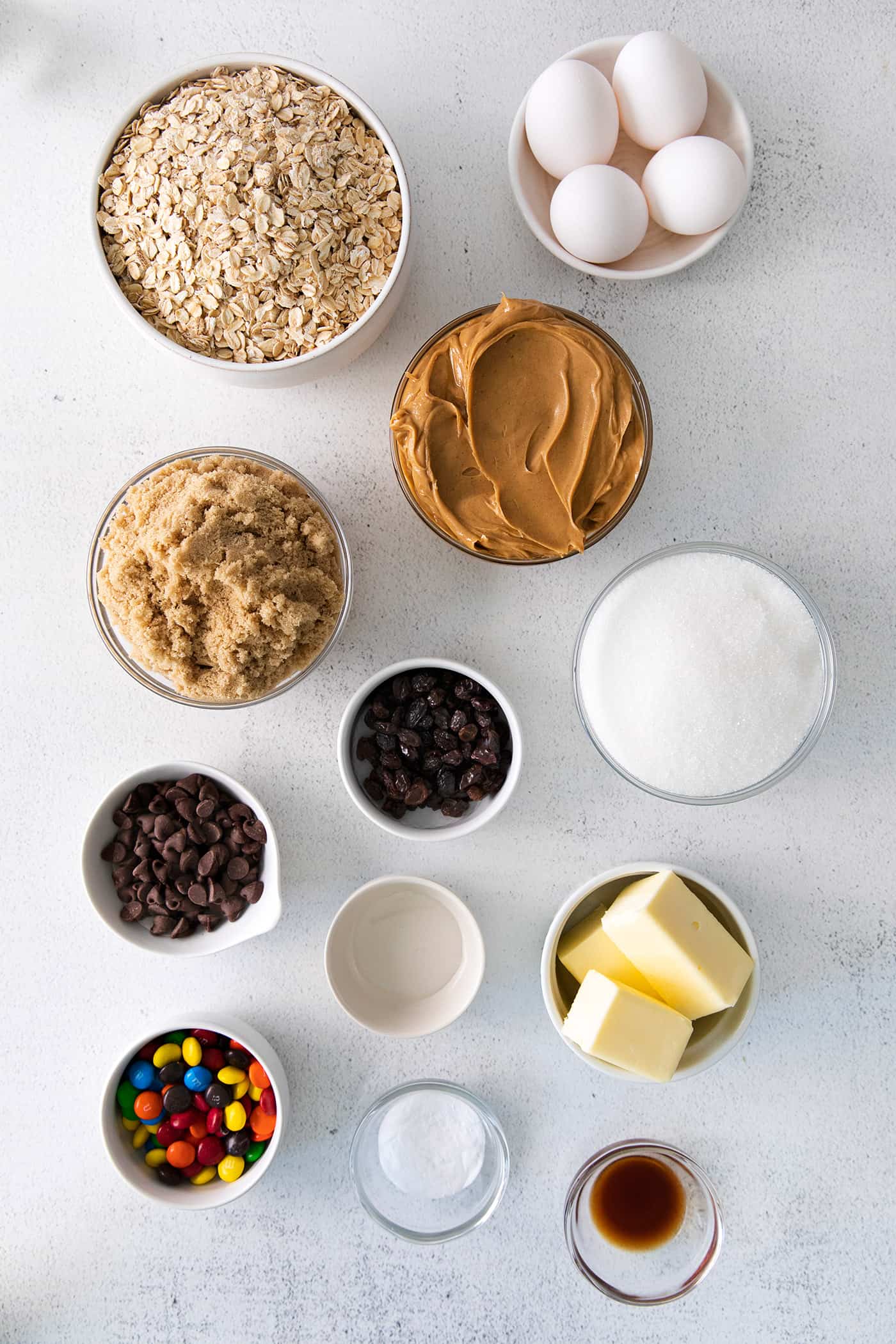 Overhead view of monster cookie ingredients