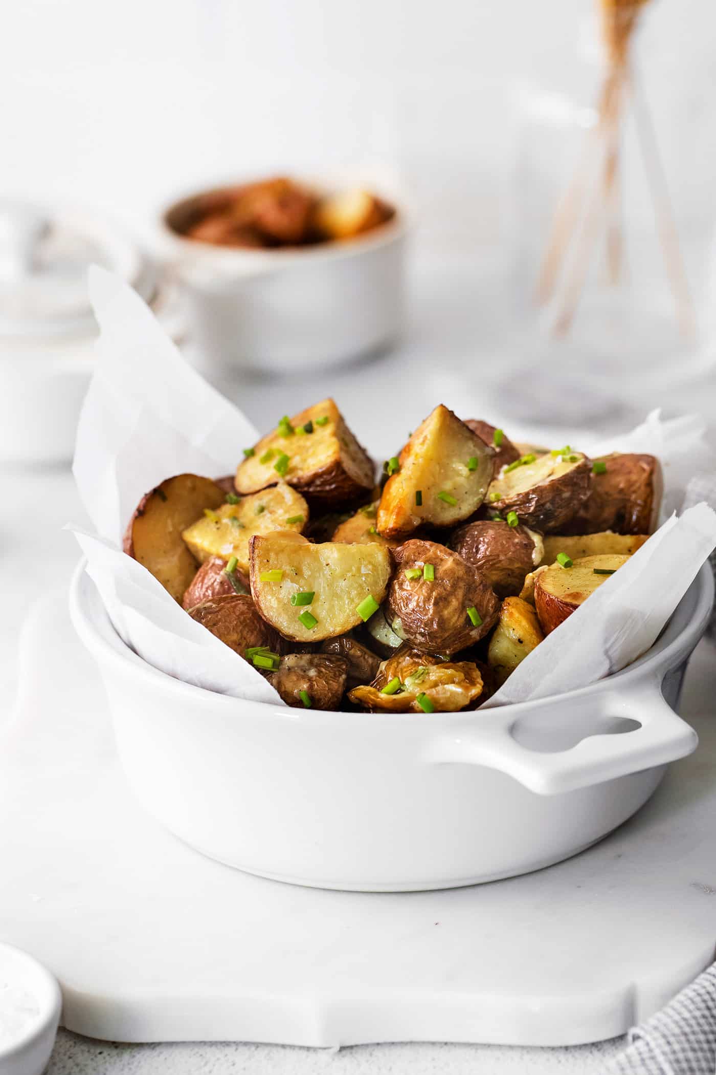 Roasted garlic new potatoes in a bowl