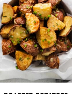 pin graphic of garlic roasted new potatoes