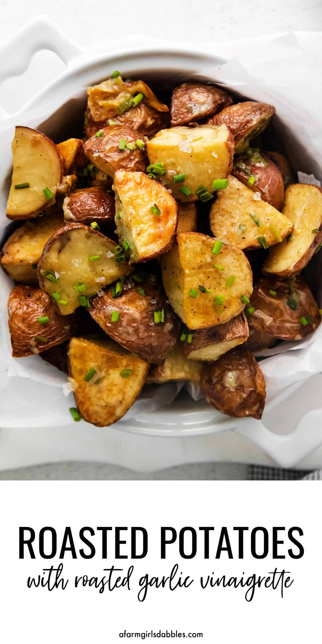pin graphic of garlic roasted new potatoes