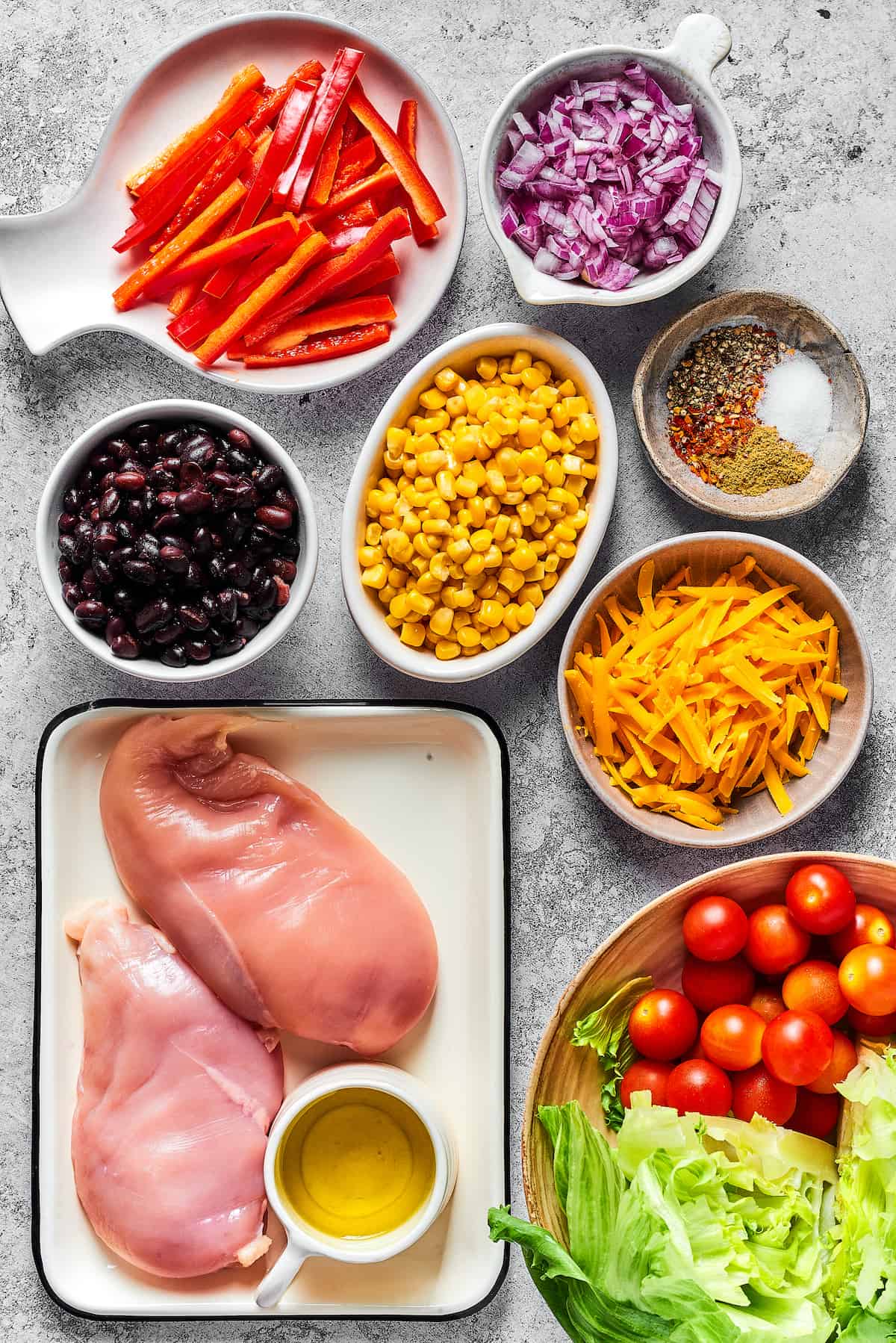 Overhead view of southwest salad ingredients