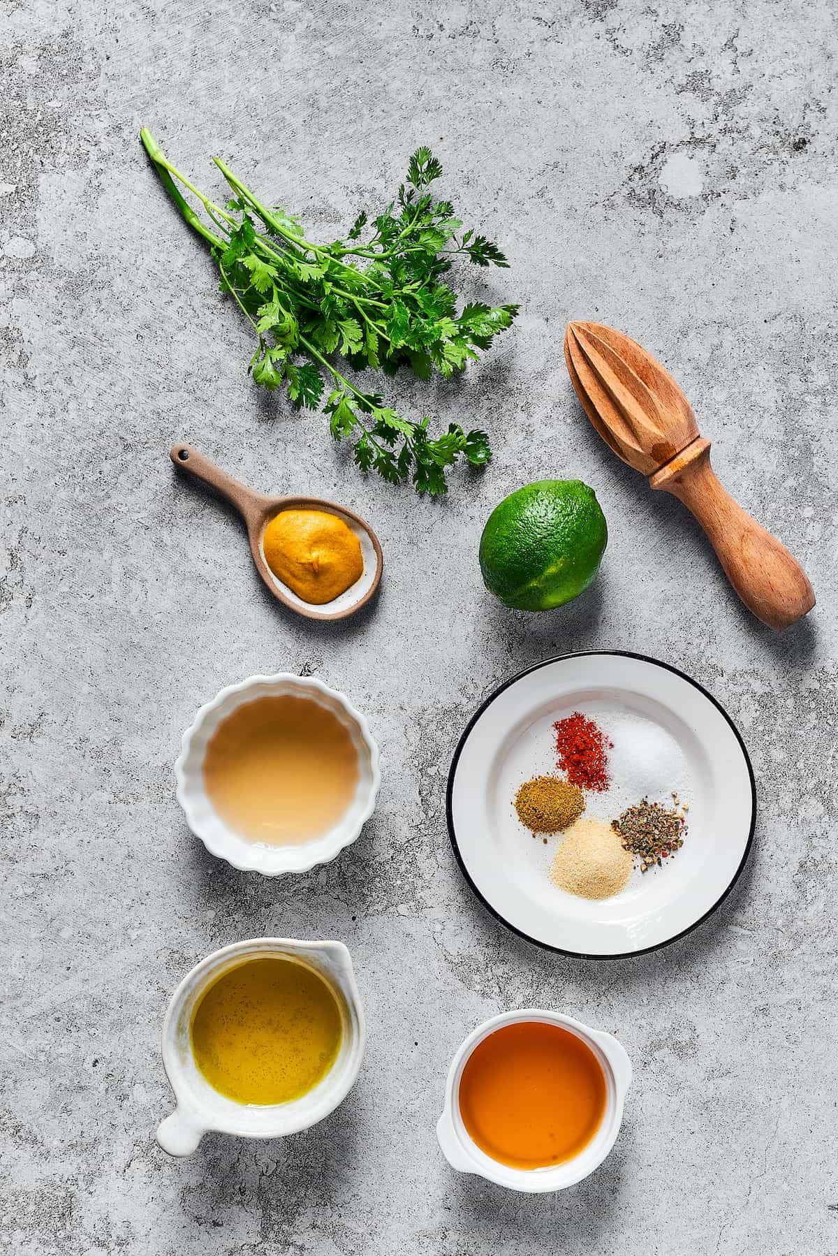 Overhead view of cumin lime vinaigrette ingredients
