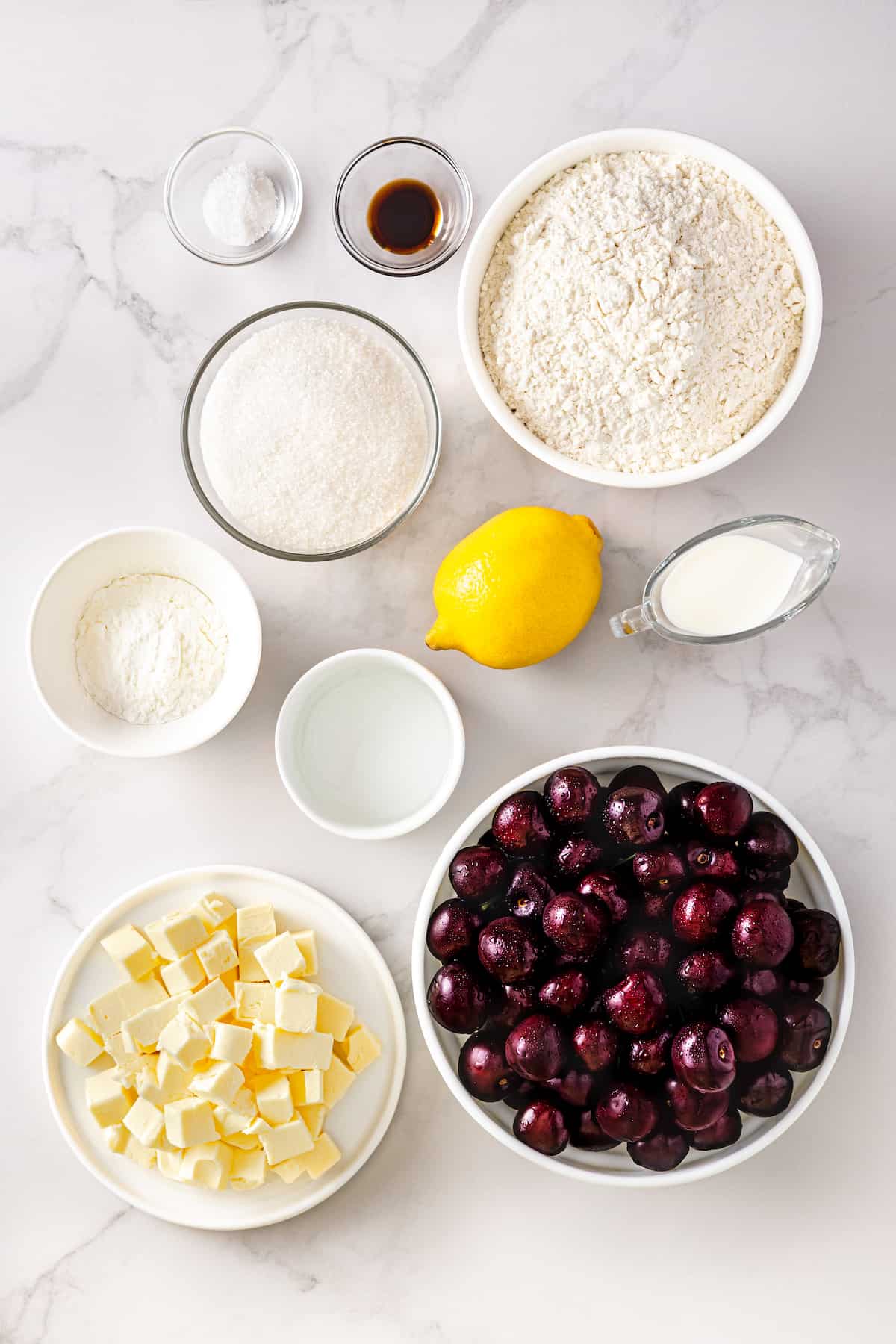 overhead view of cherry pie ingredients