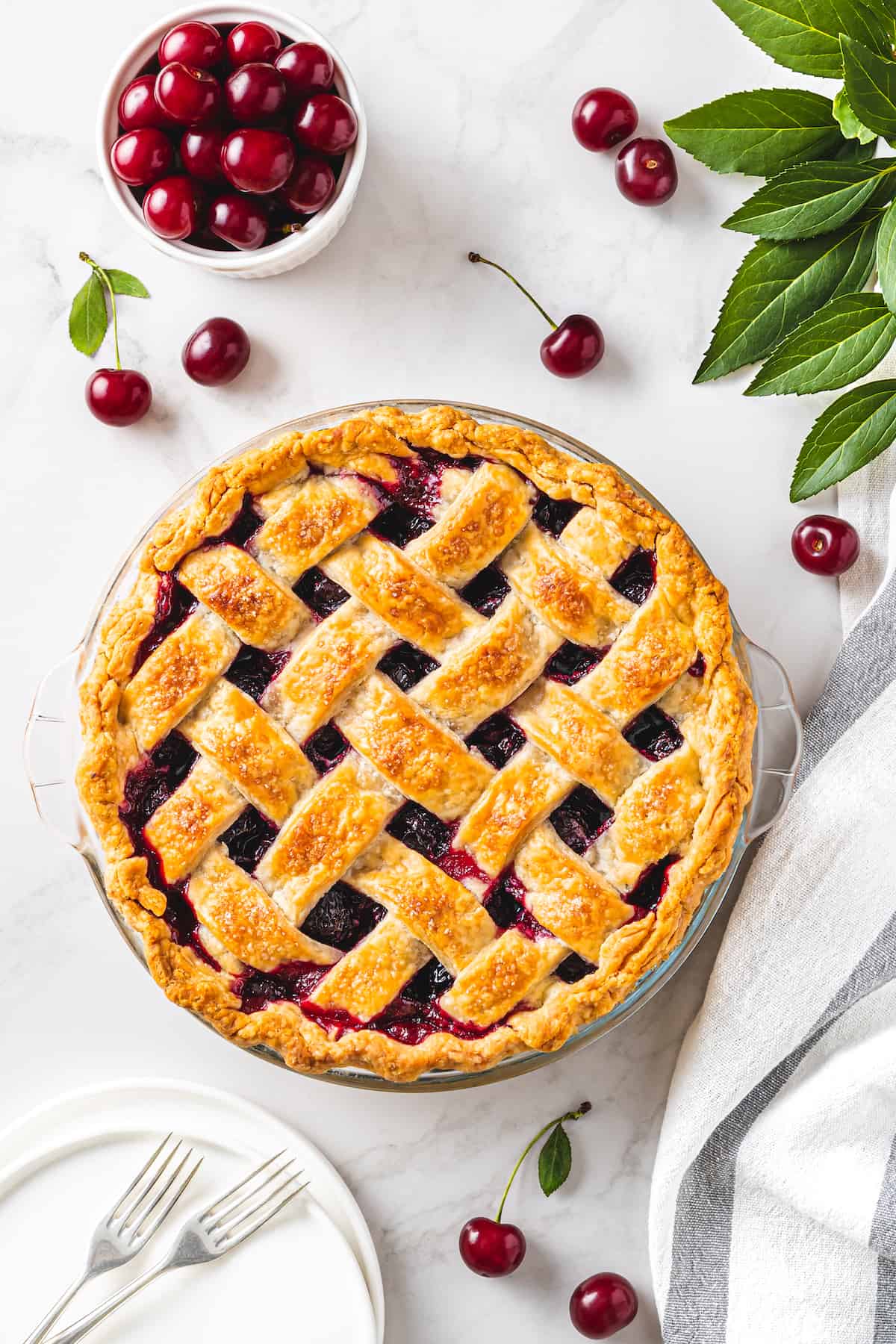 Overhead view of a homemade cherry pie