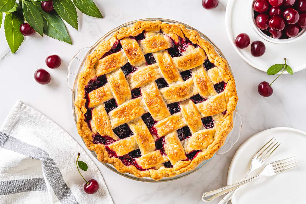 Overhead view of a homemade sweet cherry pie