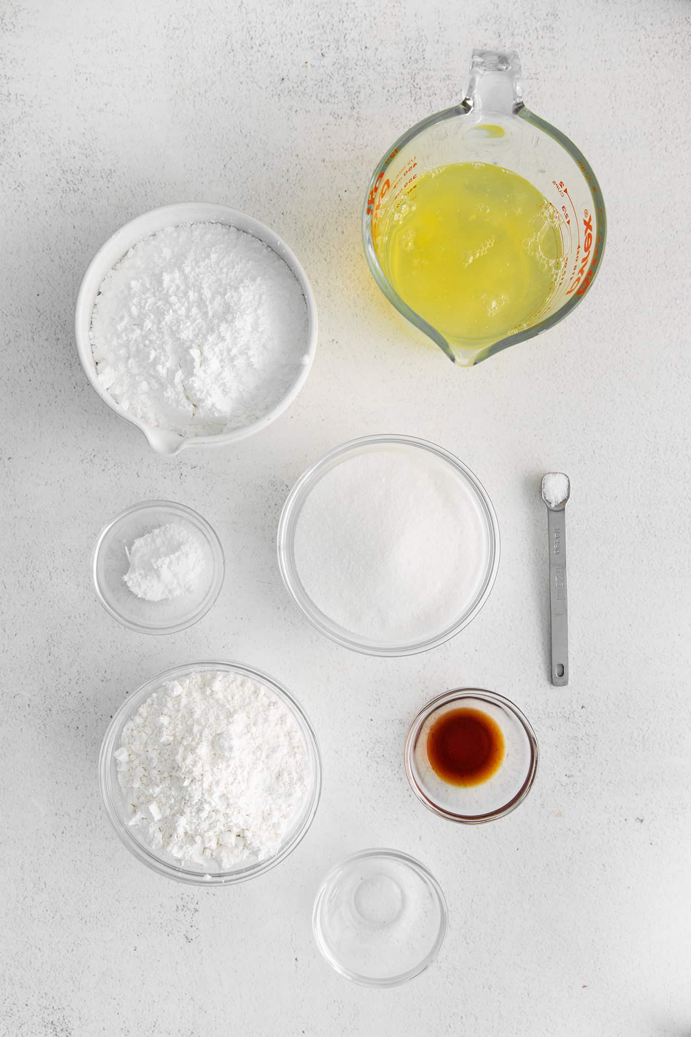 Overhead view of angel food cake ingredients