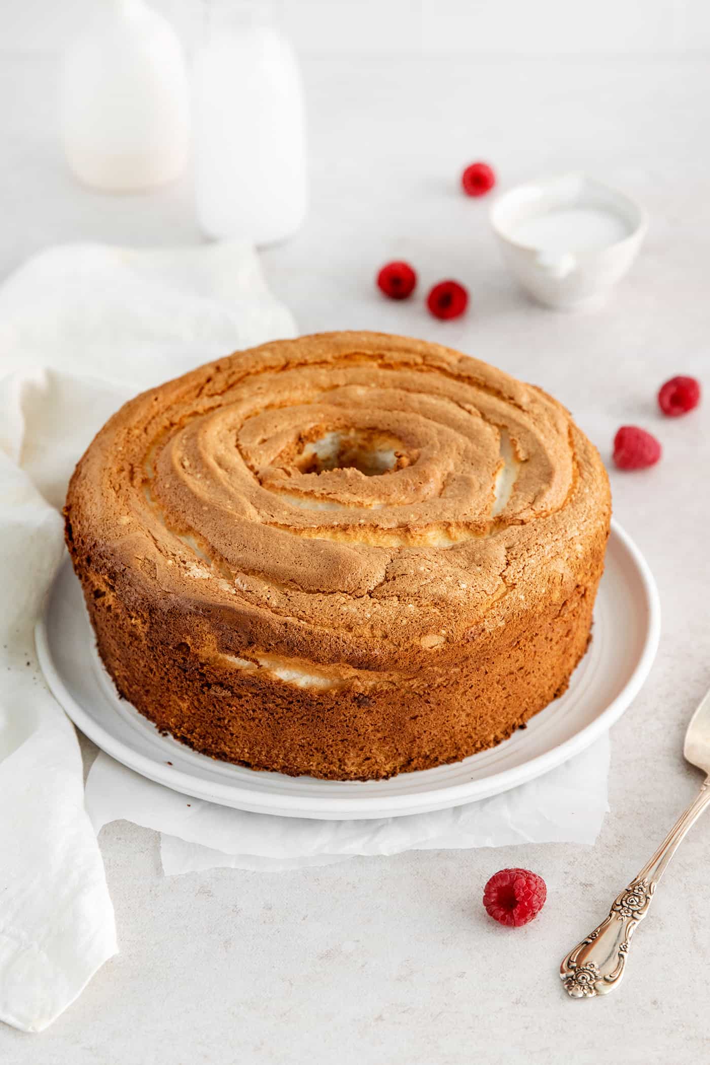 Angled view of an angel food cake