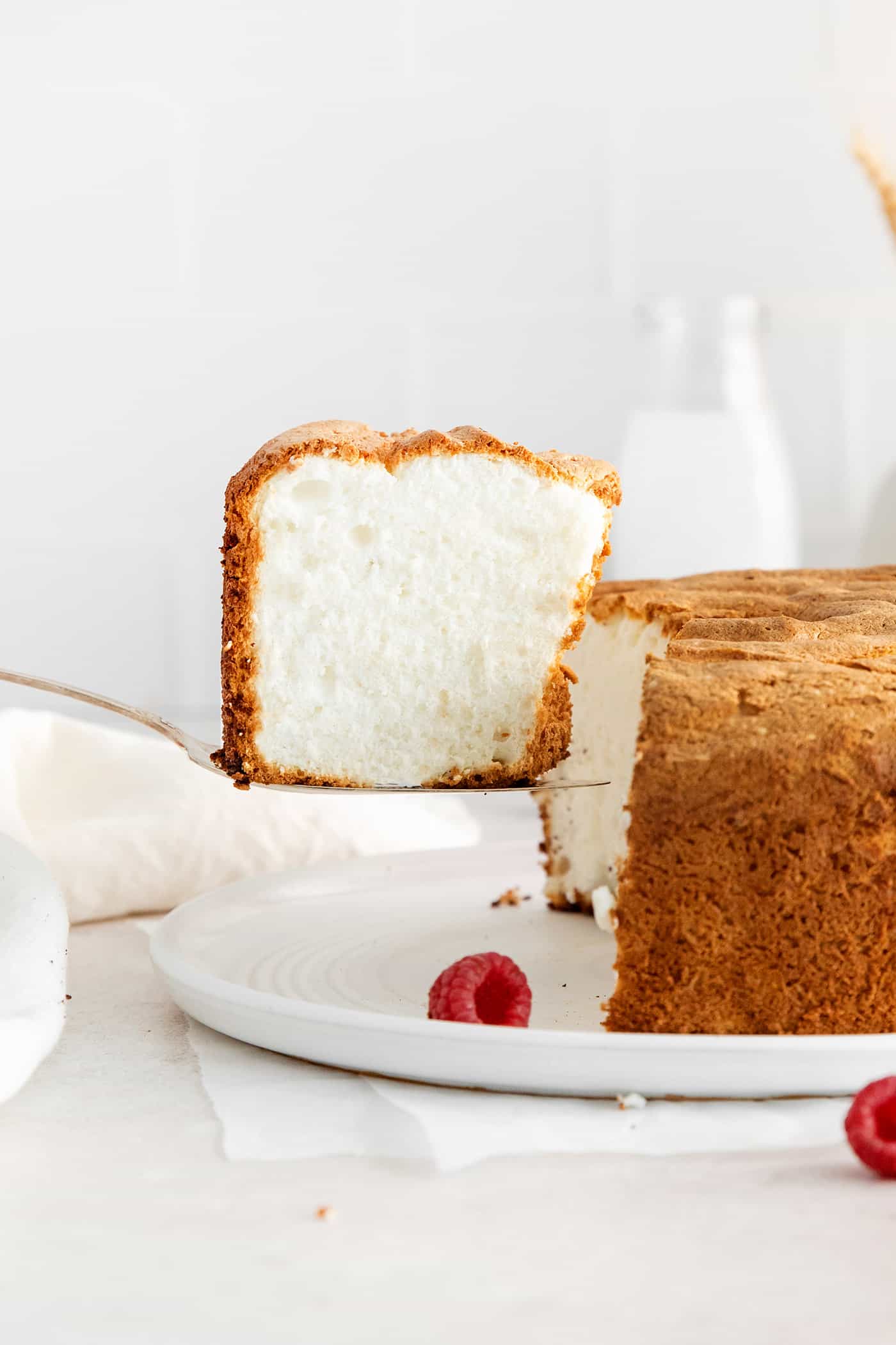 Angel food cake with a slice missing