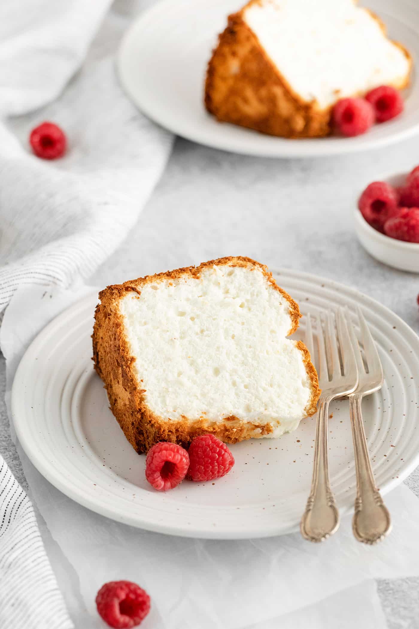 Overhead view of a slice of angel food cake