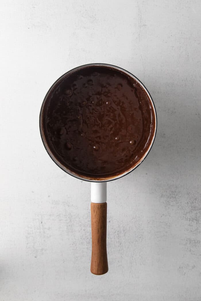 Brownie batter in a saucepan