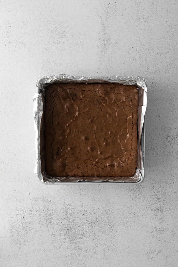 Baked brownies in a square pan