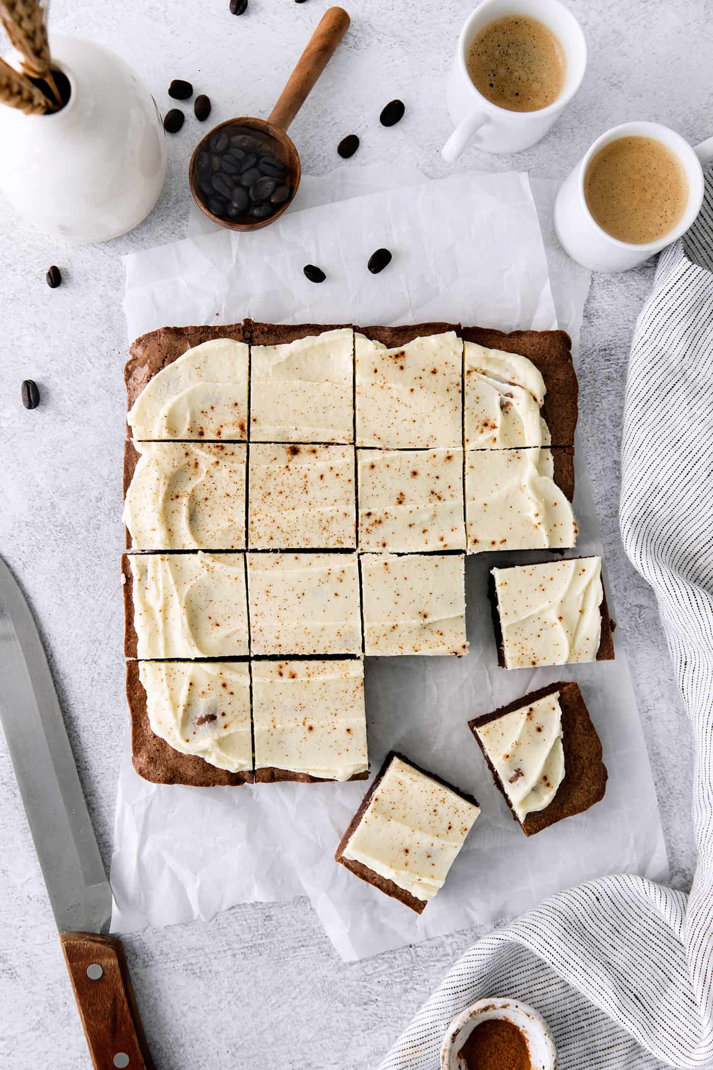 A pan of cappuccino brownies cut into squares