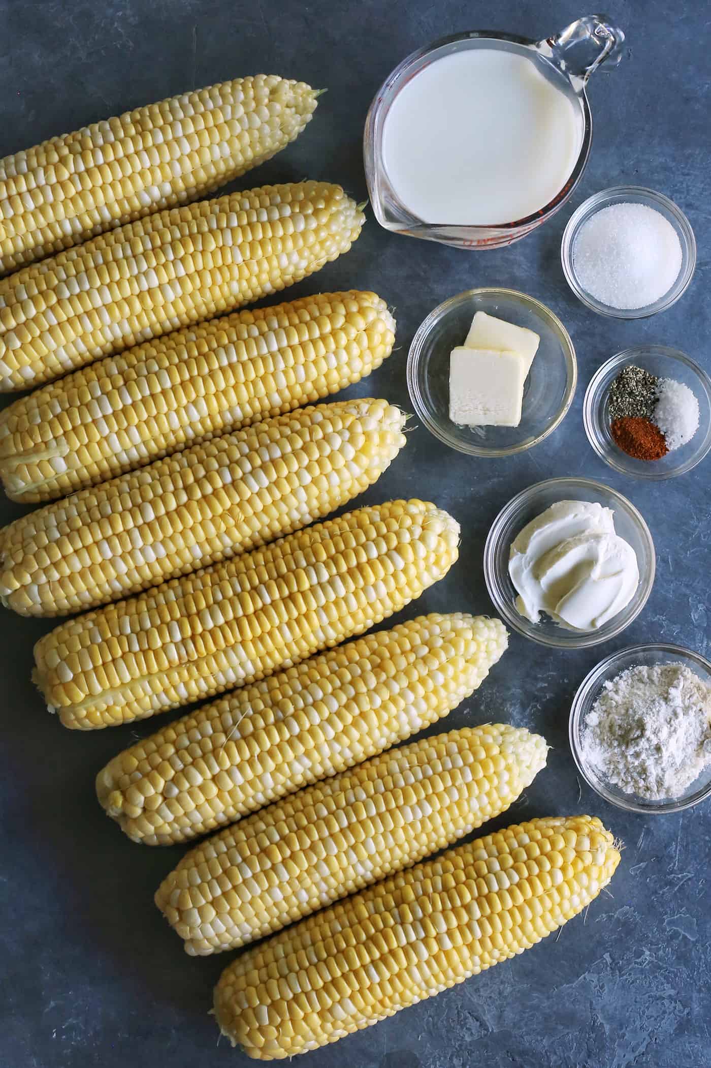 Overhead view of ingredients to make grilled creamed corn