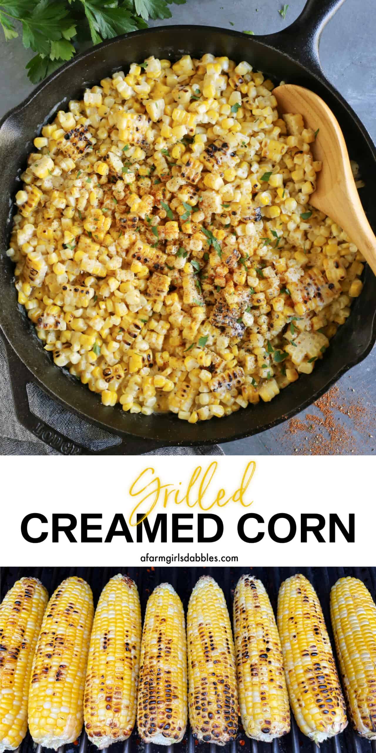 Top image of grilled creamed corn in a skillet and bottom image of charred sweet corn cobs