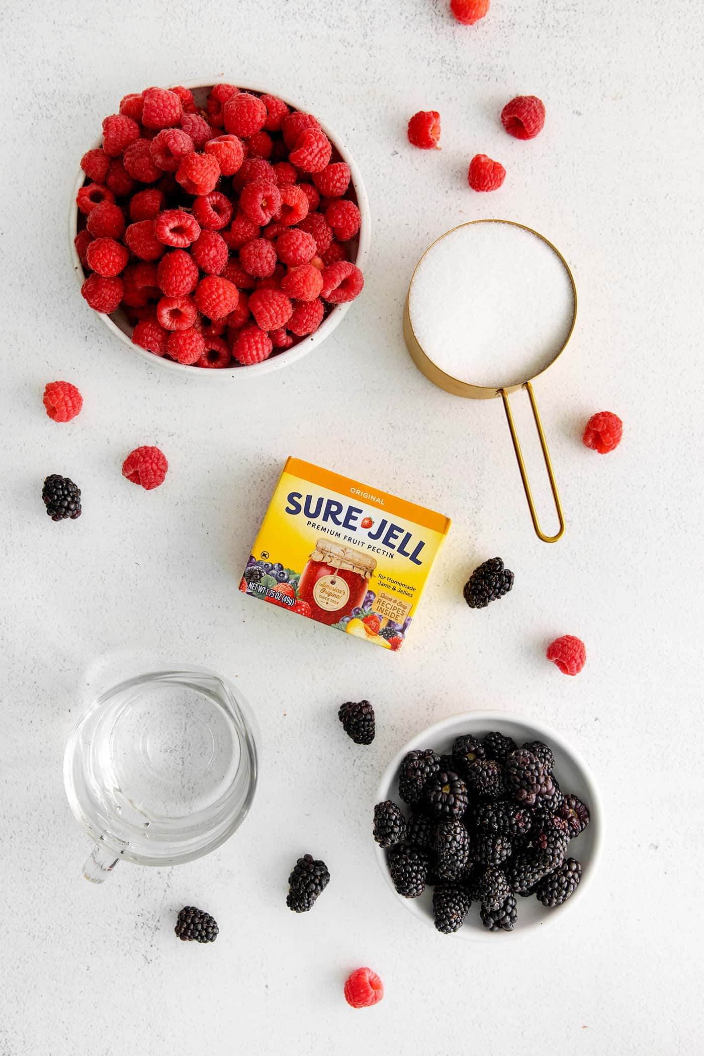 Overhead view of freezer jam ingredients