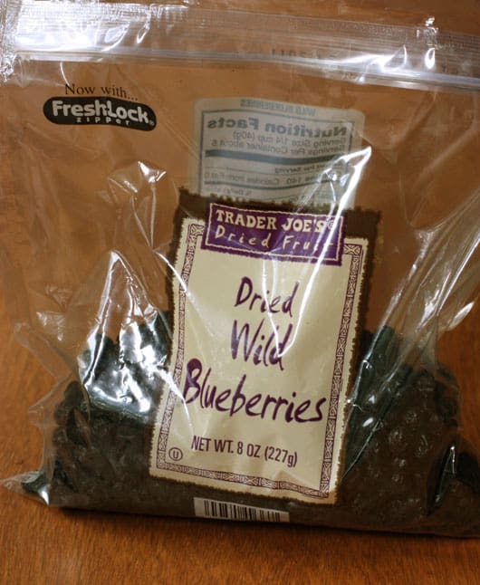 Bag of dried wild blueberries.