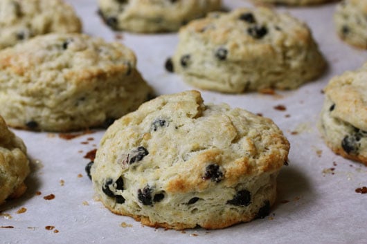 Blueberry scones on parchment paper.