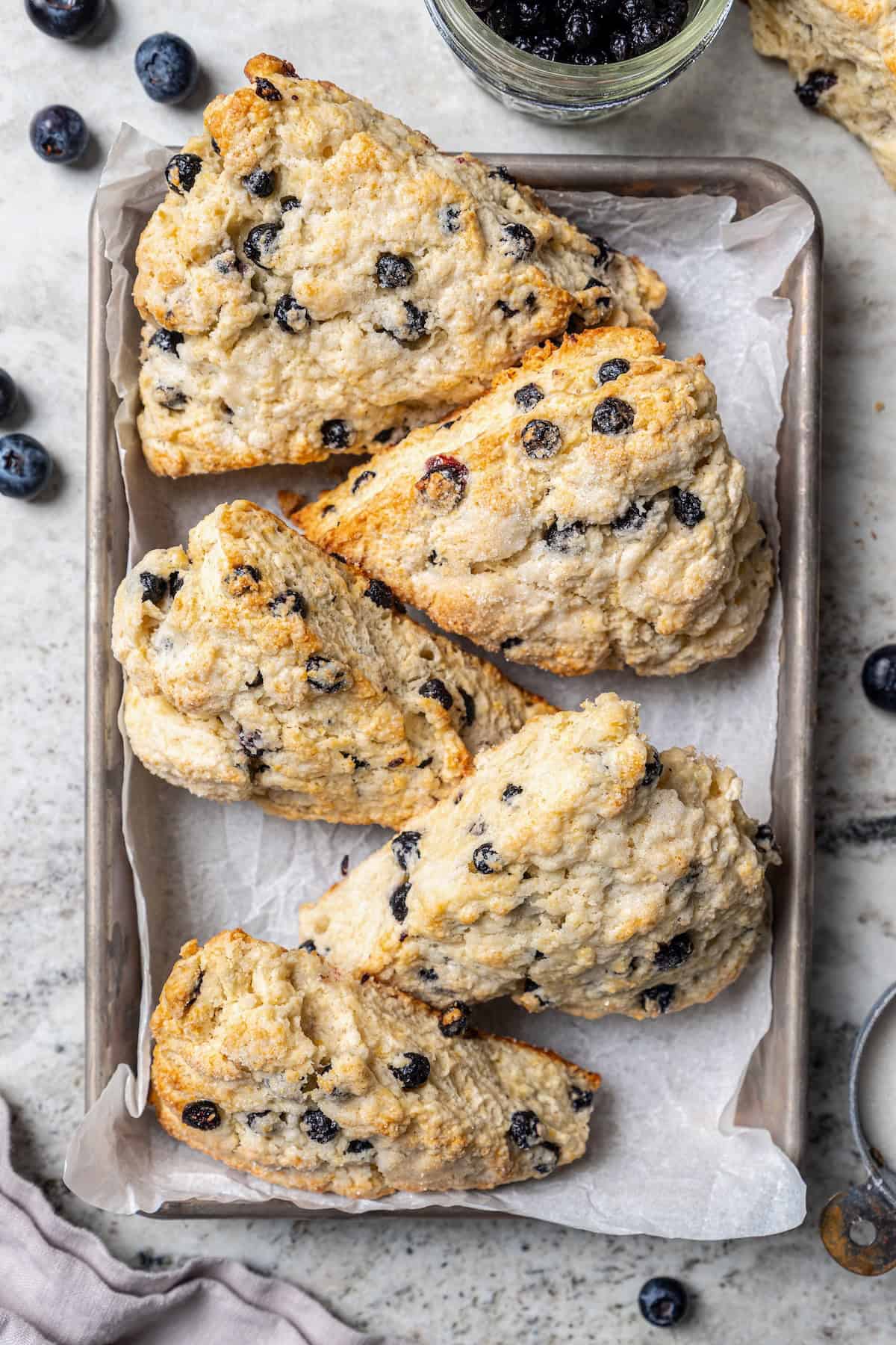 Overhead view of 5 blueberry scones on parchment lined baking sheet