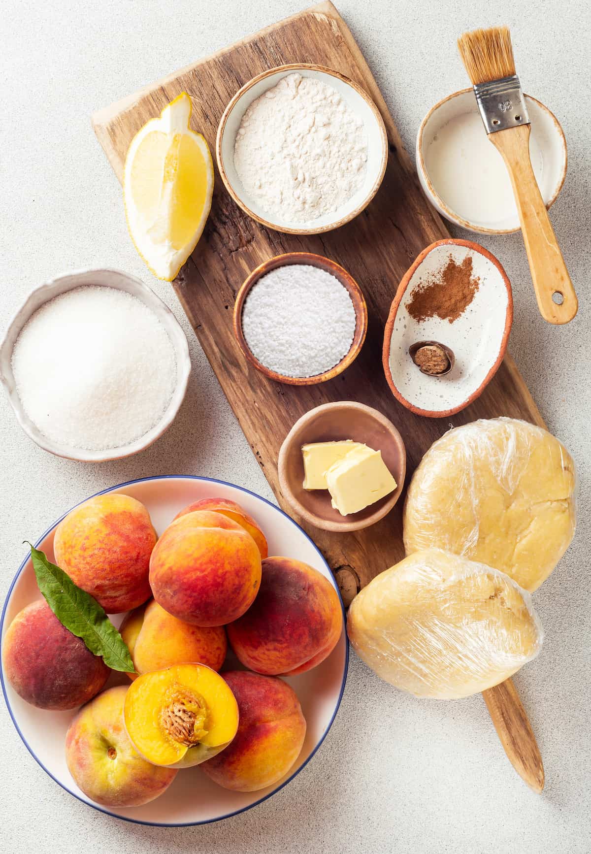 Overhead view of peach pie ingredients