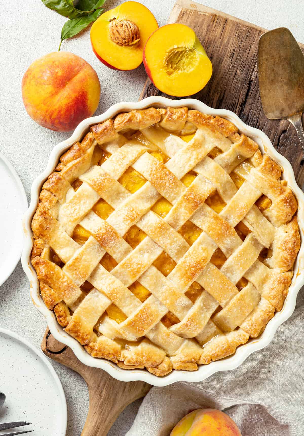 Overhead view of a homemade peach pie