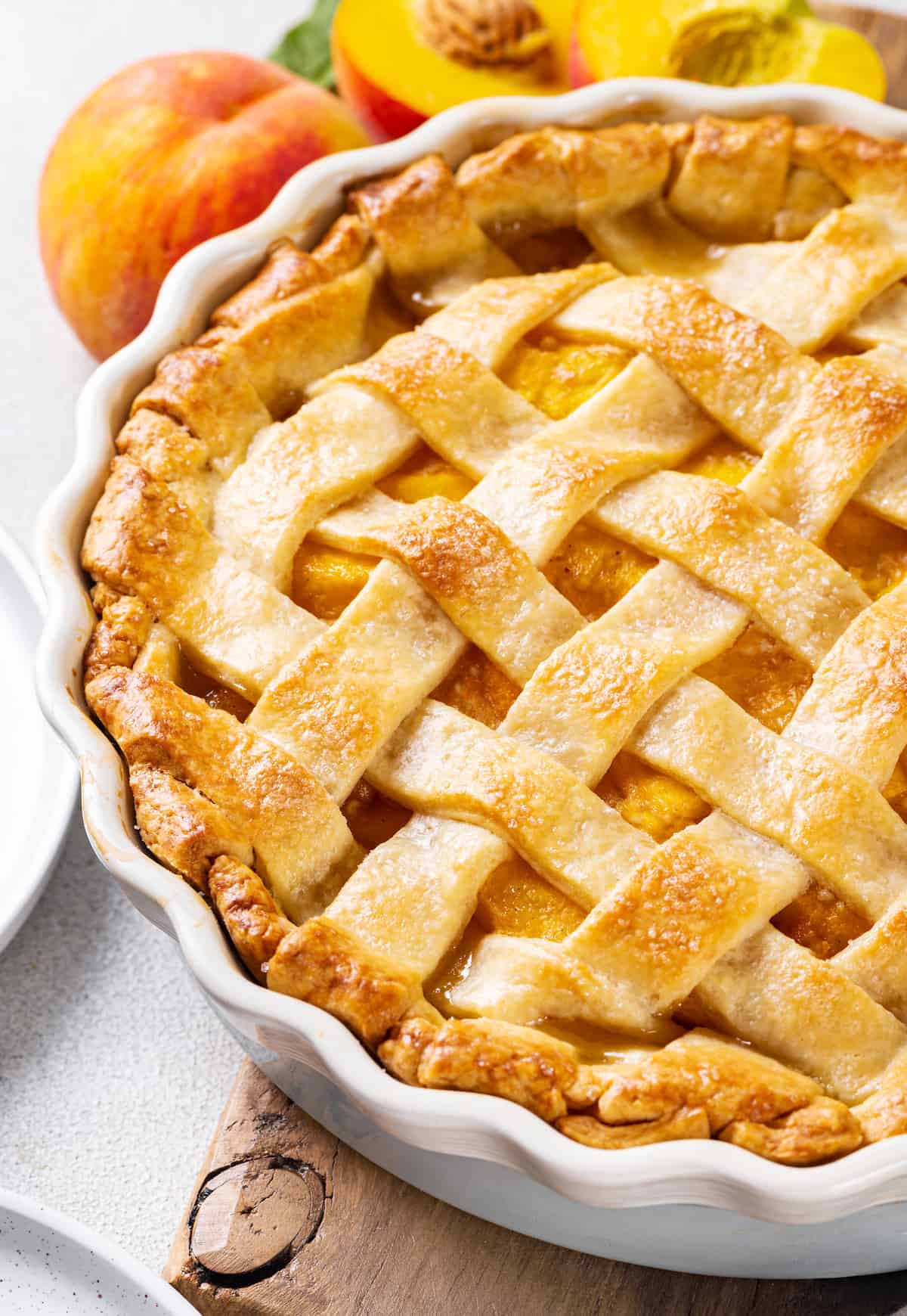 Overhead view of a freshly baked peach pie