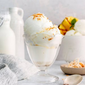 Coconut ice cream in glass dish with toasted coconut on top