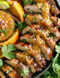 Close-up of grilled pork tenderloin slices