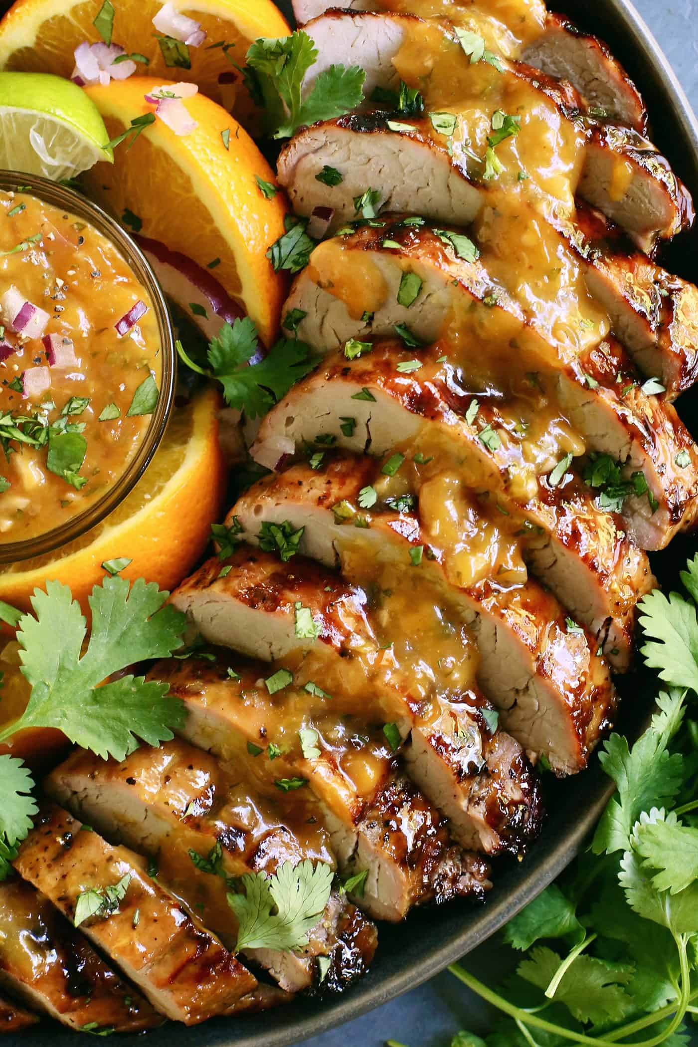 Close-up of grilled pork tenderloin slices