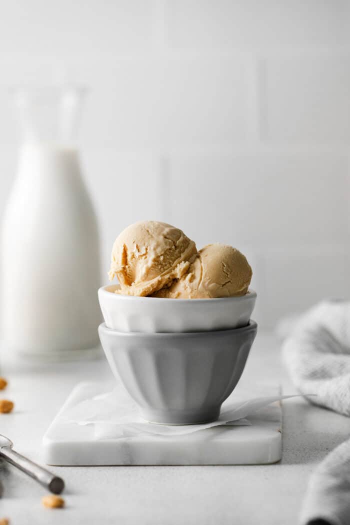 Scoops of homemade peanut butter ice cream in a bowl