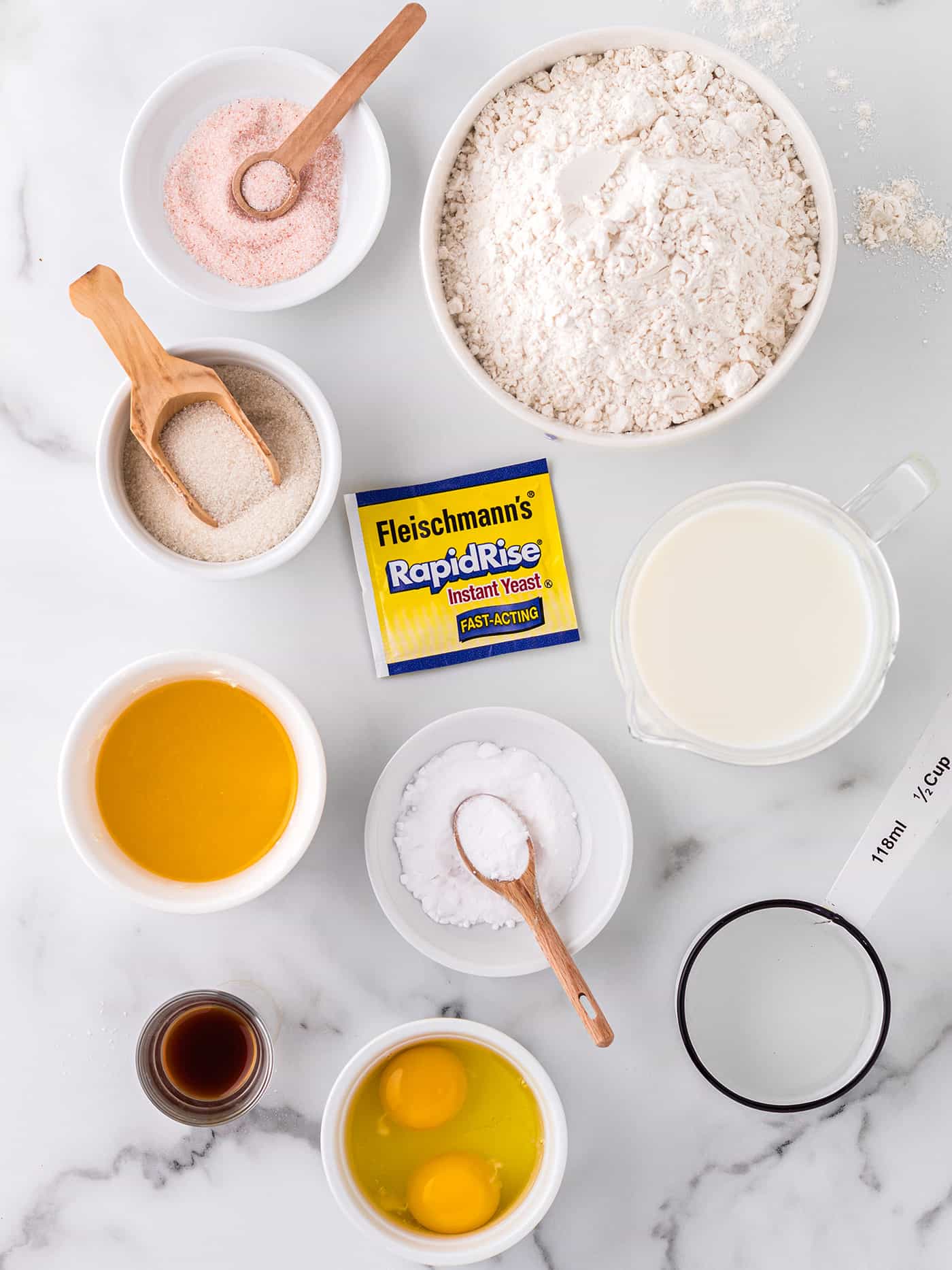 Overhead view of yeast waffle ingredients