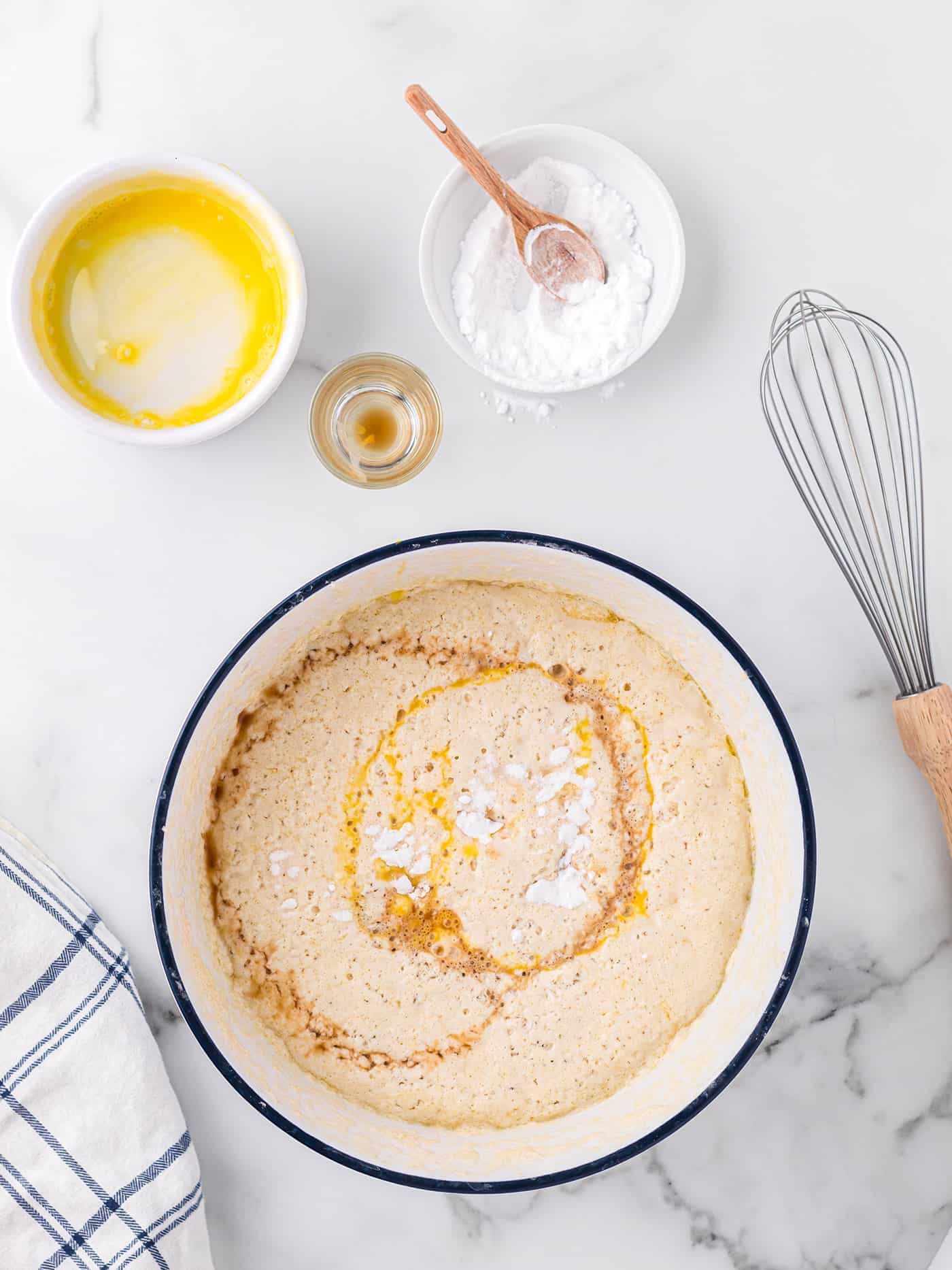 Eggs and other ingredients added to waffle batter