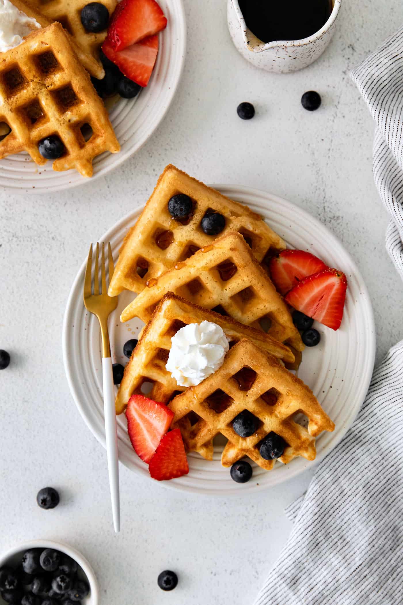 Overhead view of a plate of waffles