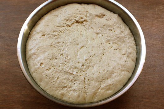 a bowl of risen pizza dough