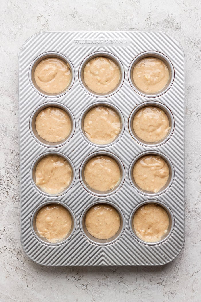 Cinnamon sugar doughnut muffins are easy to make and impossible to resist, with a moist, tender crumb and lots of cozy flavor. Perfection! Overhead view of batter divided into muffin pan for doughnut muffins