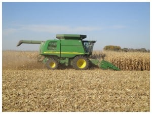 John Deere combine in corn field