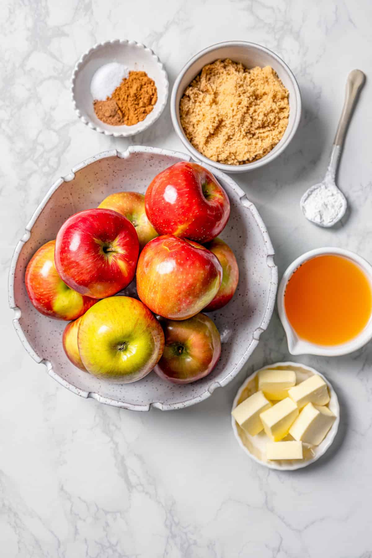 Overhead view of ingredients for sautéed apples