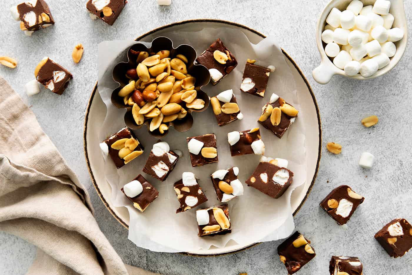 Overhead view of a plate of rocky road fudge