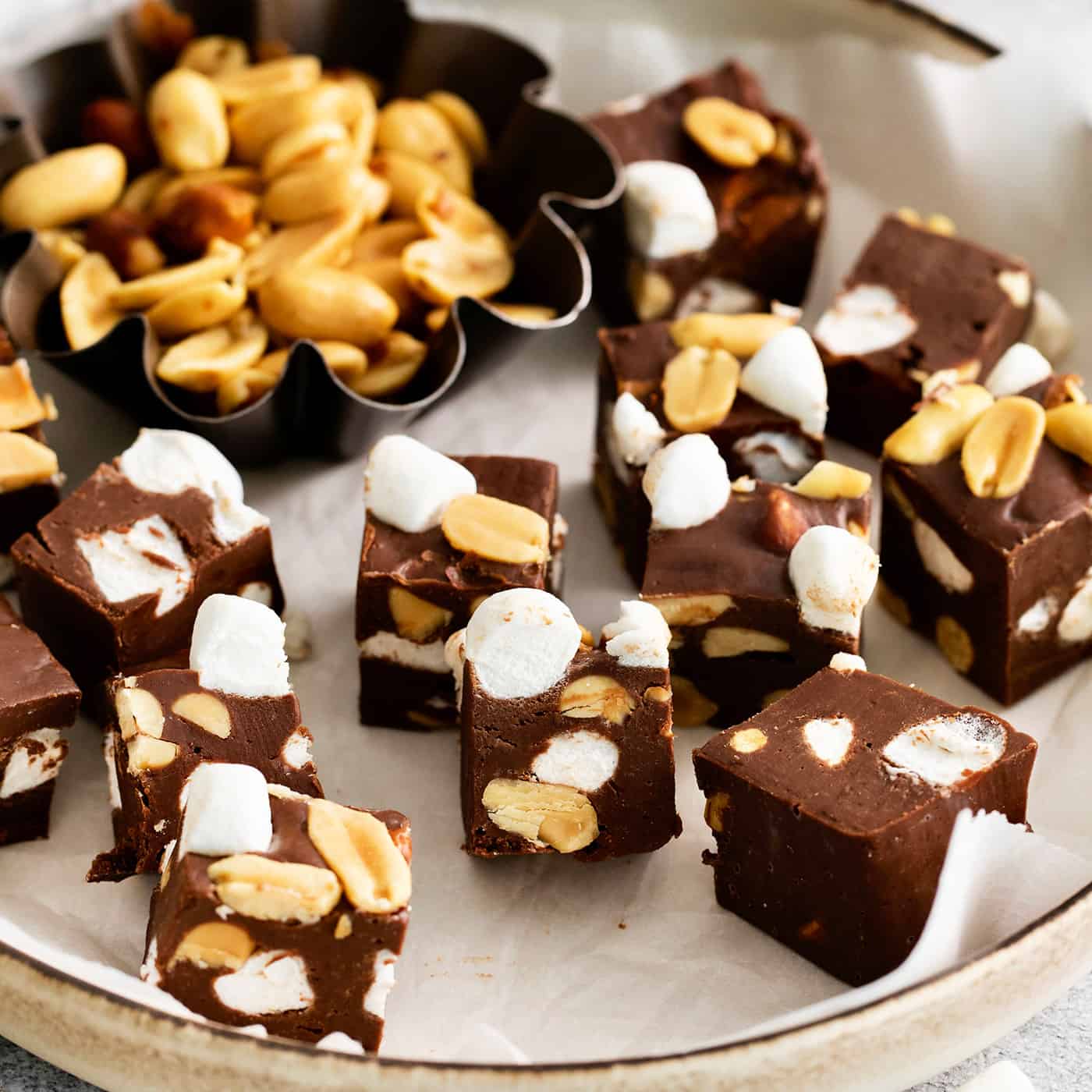 Overhead view of a plate of rocky road fudge