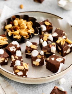 Overhead view of a plate of rocky road fudge