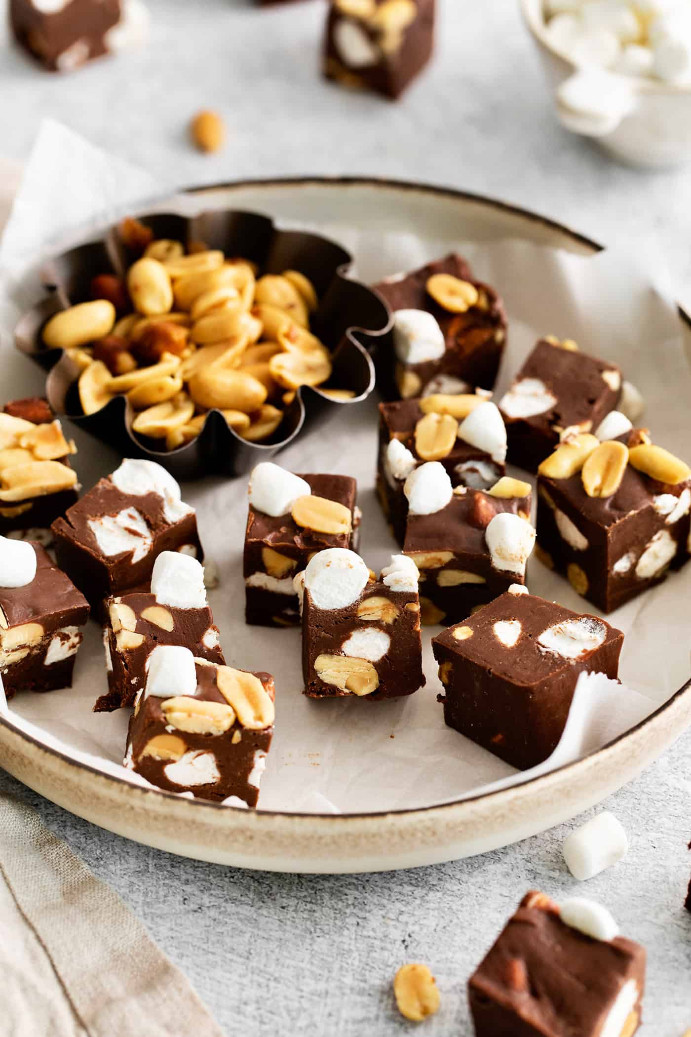 Overhead view of a plate of rocky road fudge