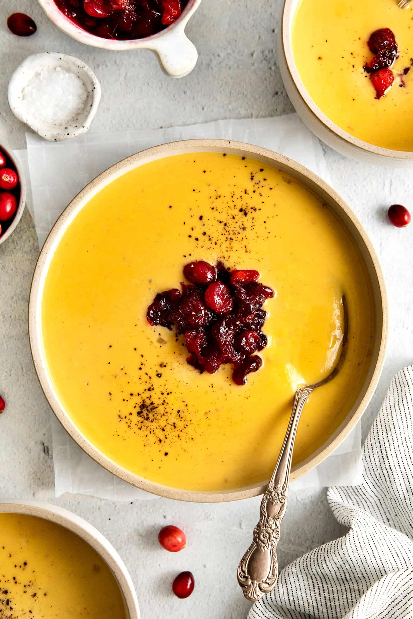 Overhead view of roasted squash soup with cranberry relish