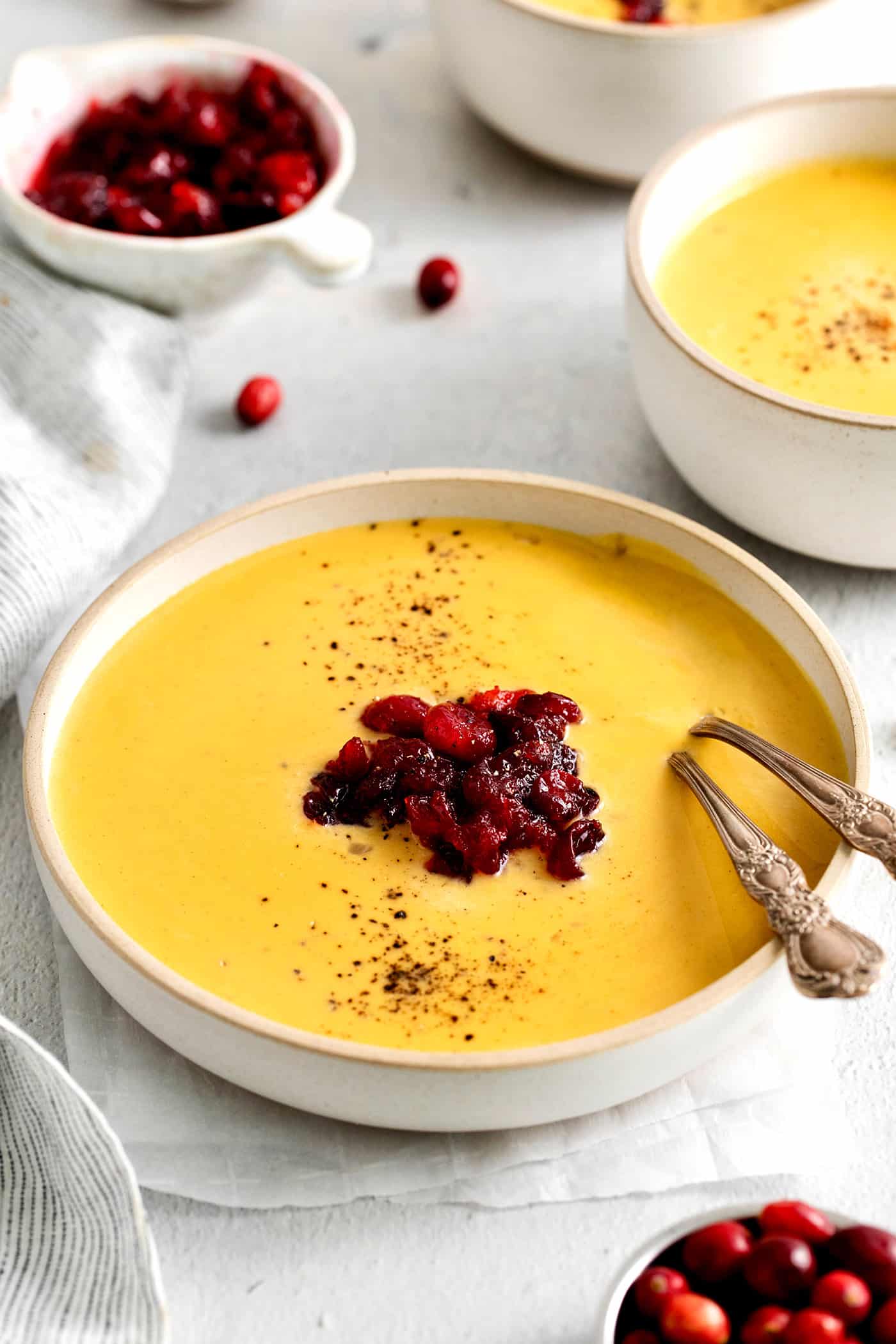 Angled view of a bowl of squash soup with cranberry relish