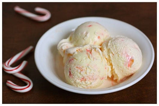 Three scoops of peppermint ice cream in a bowl.