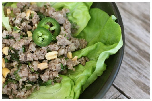 thai style ground pork with lettuce, jalapeños, and peanuts 